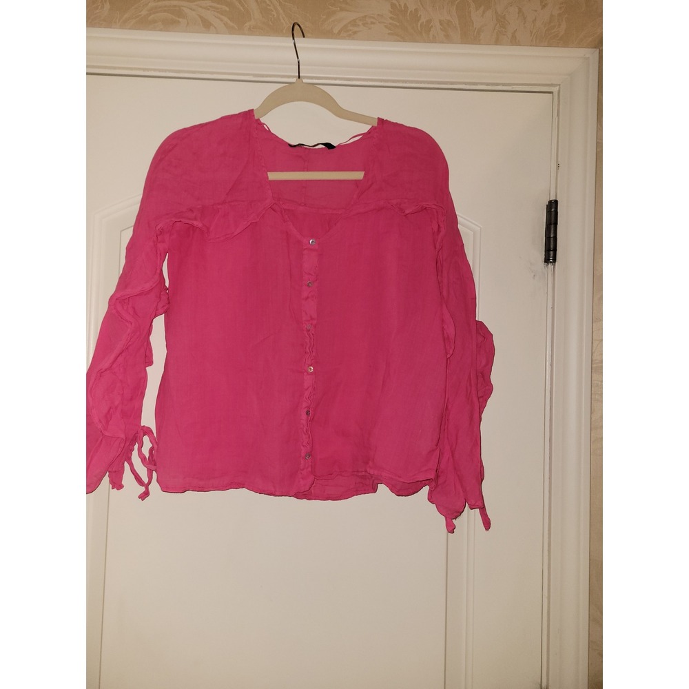 Zara Basic Hot Pink Ruffle Button Down Blouse Ramie Cotton Tie Sleeve Small